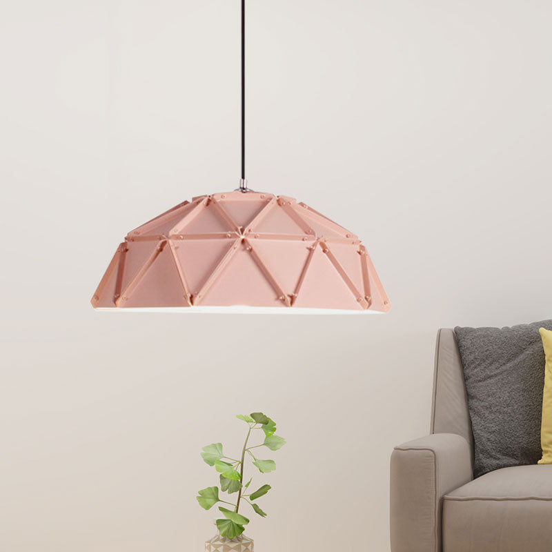 Yellow/White Macaron Domed Pendant Light: 1-Light Metallic Ceiling Lamp For Living Room Pink