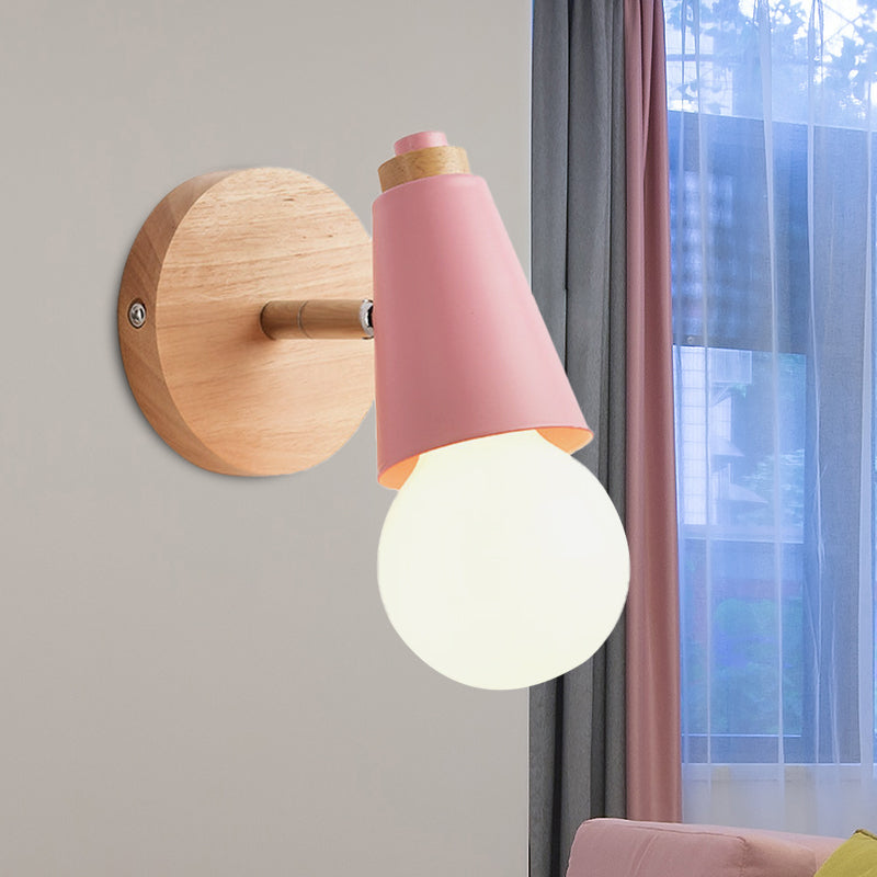 Macaron Loft Sweet Cone Wall Light - Metal/Wood Backplate Rotatable Single Blue/Green/Pink Corridor