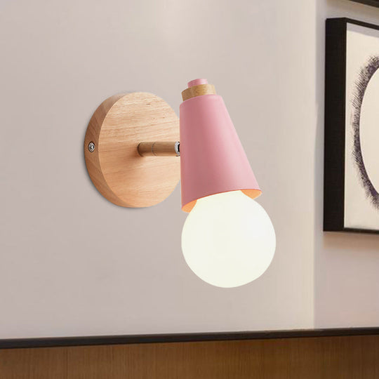 Macaron Loft Sweet Cone Wall Light - Metal/Wood Backplate Rotatable Single Blue/Green/Pink Corridor