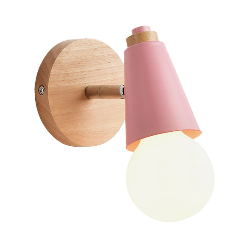 Macaron Loft Sweet Cone Wall Light - Metal/Wood Backplate Rotatable Single Blue/Green/Pink Corridor