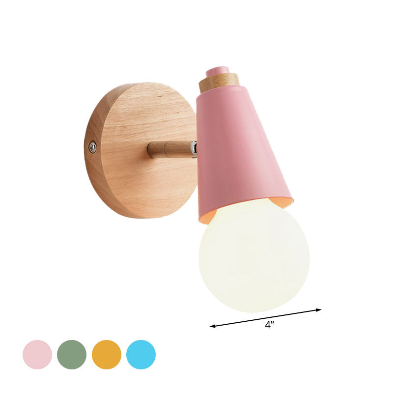 Macaron Loft Sweet Cone Wall Light - Metal/Wood Backplate Rotatable Single Blue/Green/Pink Corridor