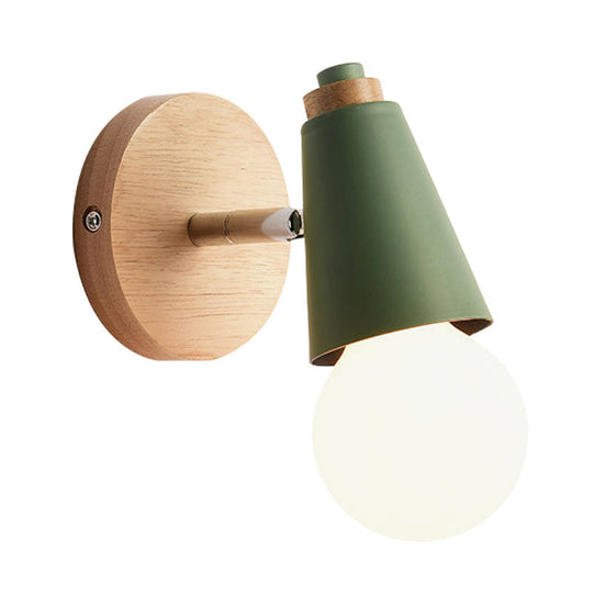 Macaron Loft Sweet Cone Wall Light - Metal/Wood Backplate Rotatable Single Blue/Green/Pink Corridor