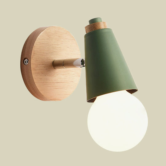 Macaron Loft Sweet Cone Wall Light - Metal/Wood Backplate Rotatable Single Blue/Green/Pink Corridor