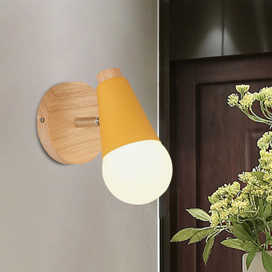 Macaron Loft Sweet Cone Wall Light - Metal/Wood Backplate Rotatable Single Blue/Green/Pink Corridor