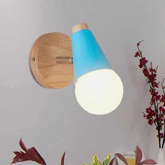 Macaron Loft Sweet Cone Wall Light - Metal/Wood Backplate Rotatable Single Blue/Green/Pink Corridor