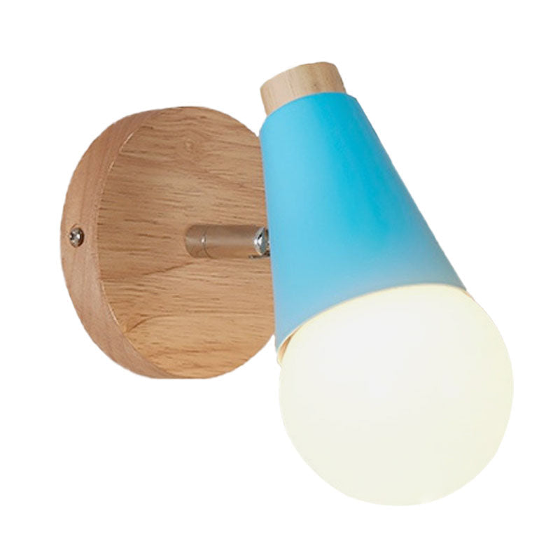 Macaron Loft Sweet Cone Wall Light - Metal/Wood Backplate Rotatable Single Blue/Green/Pink Corridor