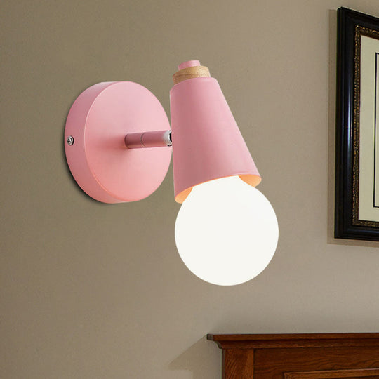 Macaron Loft Sweet Cone Wall Light - Metal/Wood Backplate Rotatable Single Blue/Green/Pink Corridor