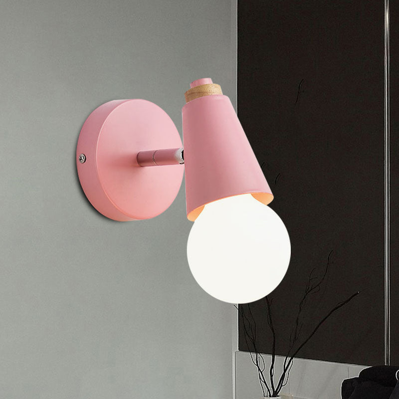 Macaron Loft Sweet Cone Wall Light - Metal/Wood Backplate Rotatable Single Blue/Green/Pink Corridor