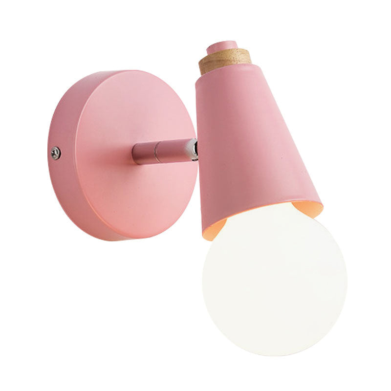 Macaron Loft Sweet Cone Wall Light - Metal/Wood Backplate Rotatable Single Blue/Green/Pink Corridor