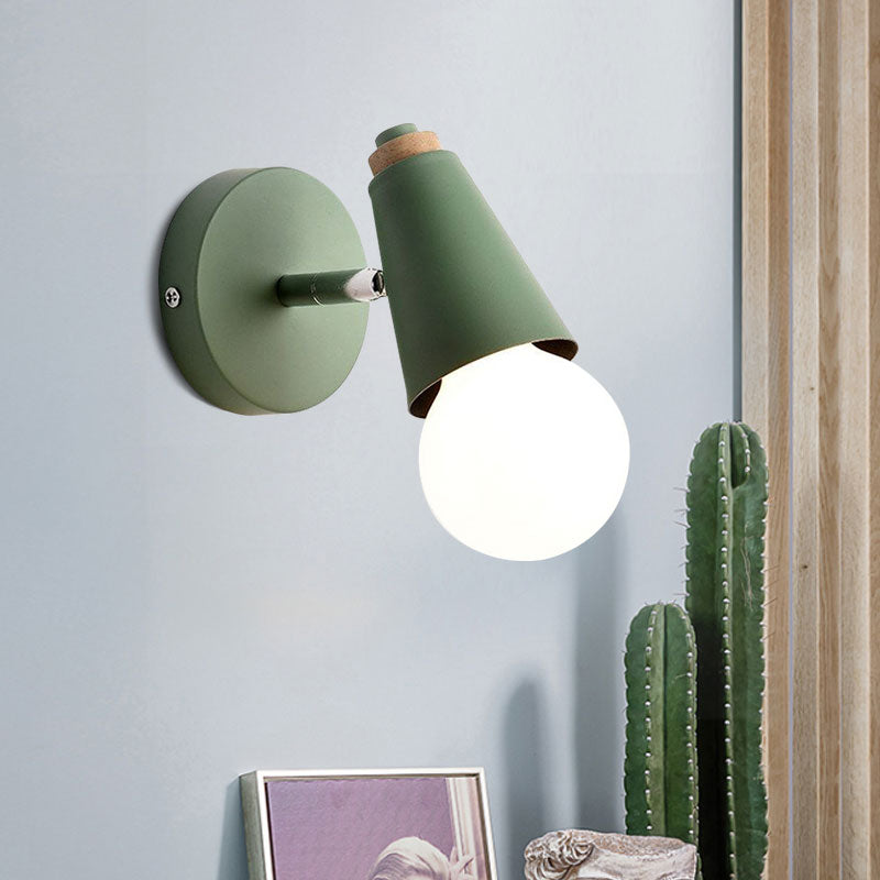 Macaron Loft Sweet Cone Wall Light - Metal/Wood Backplate Rotatable Single Blue/Green/Pink Corridor