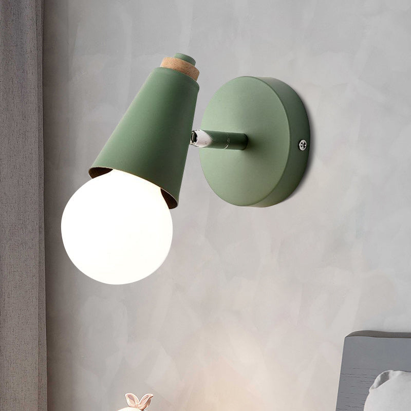 Macaron Loft Sweet Cone Wall Light - Metal/Wood Backplate Rotatable Single Blue/Green/Pink Corridor