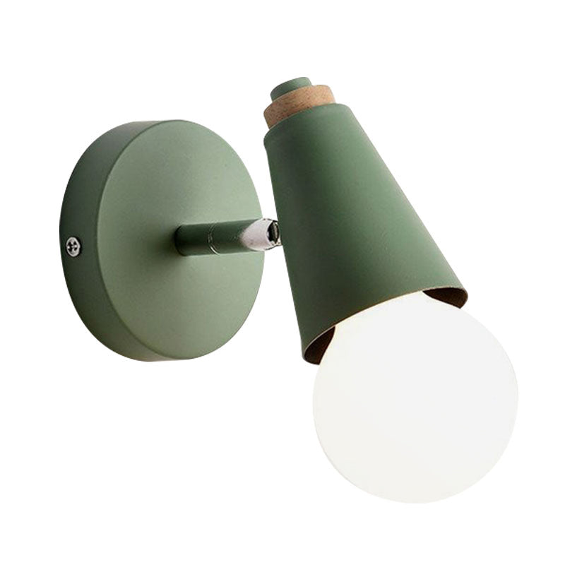 Macaron Loft Sweet Cone Wall Light - Metal/Wood Backplate Rotatable Single Blue/Green/Pink Corridor