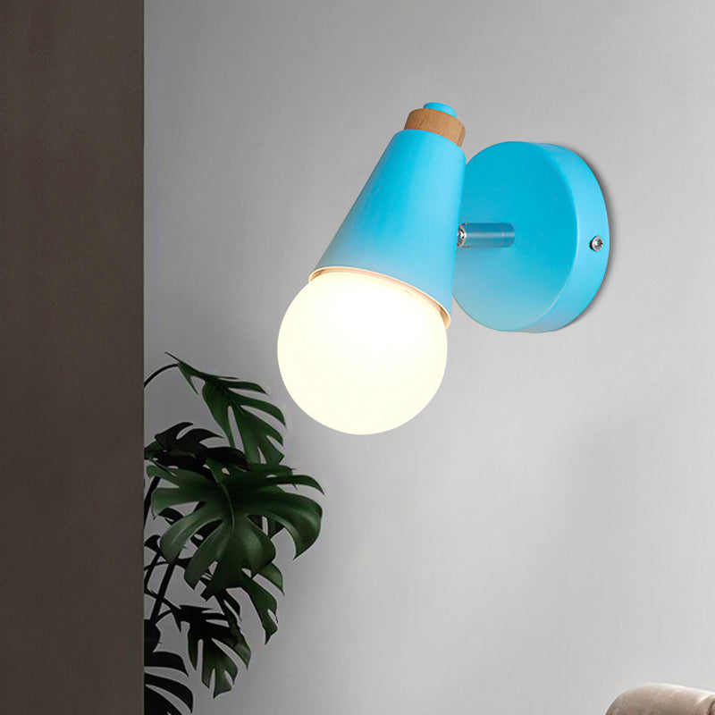 Macaron Loft Sweet Cone Wall Light - Metal/Wood Backplate Rotatable Single Blue/Green/Pink Corridor