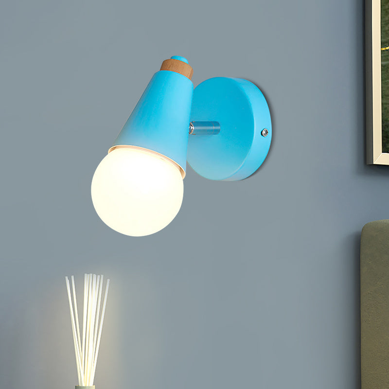 Macaron Loft Sweet Cone Wall Light - Metal/Wood Backplate Rotatable Single Blue/Green/Pink Corridor