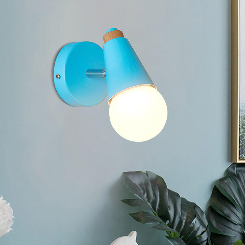 Macaron Loft Sweet Cone Wall Light - Metal/Wood Backplate Rotatable Single Blue/Green/Pink Corridor