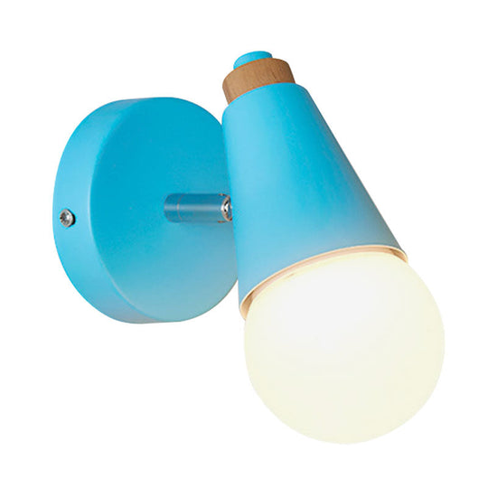 Macaron Loft Sweet Cone Wall Light - Metal/Wood Backplate Rotatable Single Blue/Green/Pink Corridor