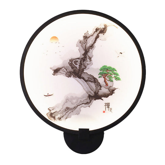 Metal Mural Led Hoop Wall Mount Lamp - Misty Mountain/Lake Design For Bedroom Decor Asia Black