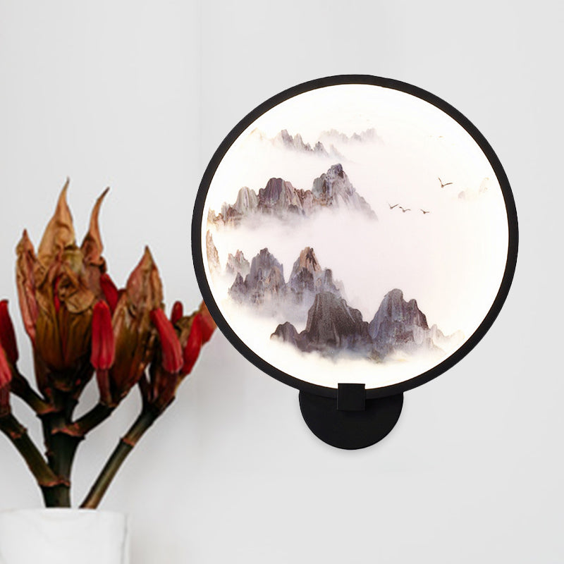 Metal Mural Led Hoop Wall Mount Lamp - Misty Mountain/Lake Design For Bedroom Decor Asia Black / B