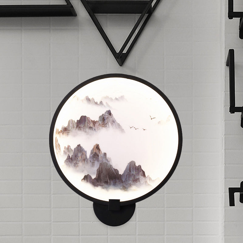 Metal Mural Led Hoop Wall Mount Lamp - Misty Mountain/Lake Design For Bedroom Decor Asia Black