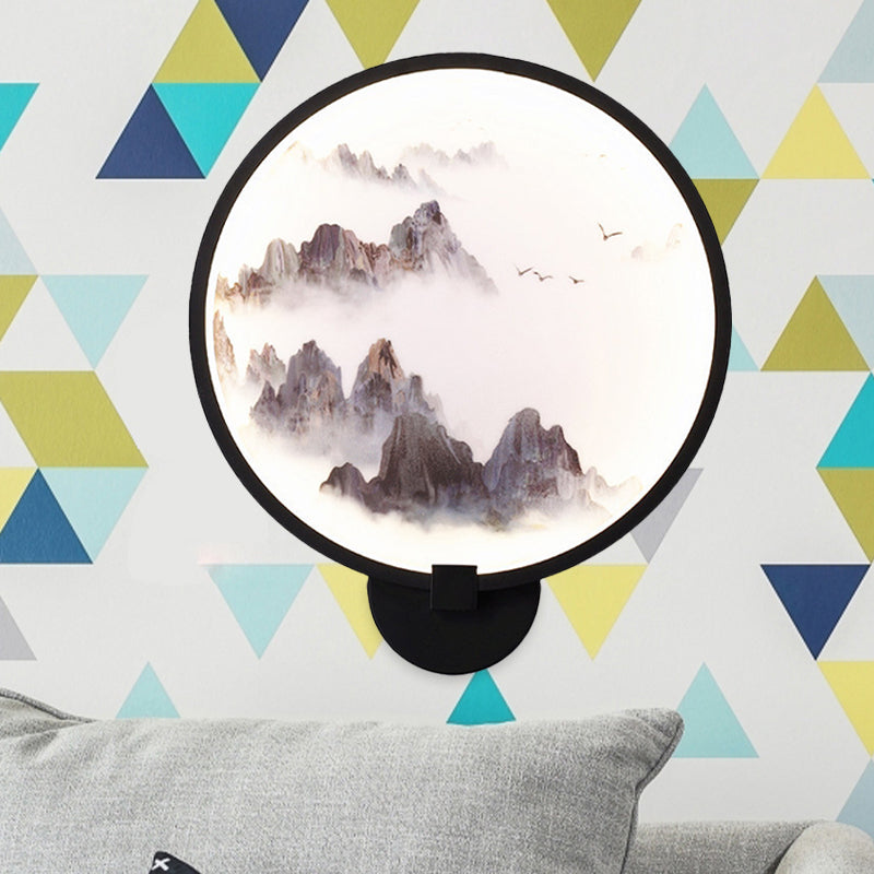 Metal Mural Led Hoop Wall Mount Lamp - Misty Mountain/Lake Design For Bedroom Decor Asia Black