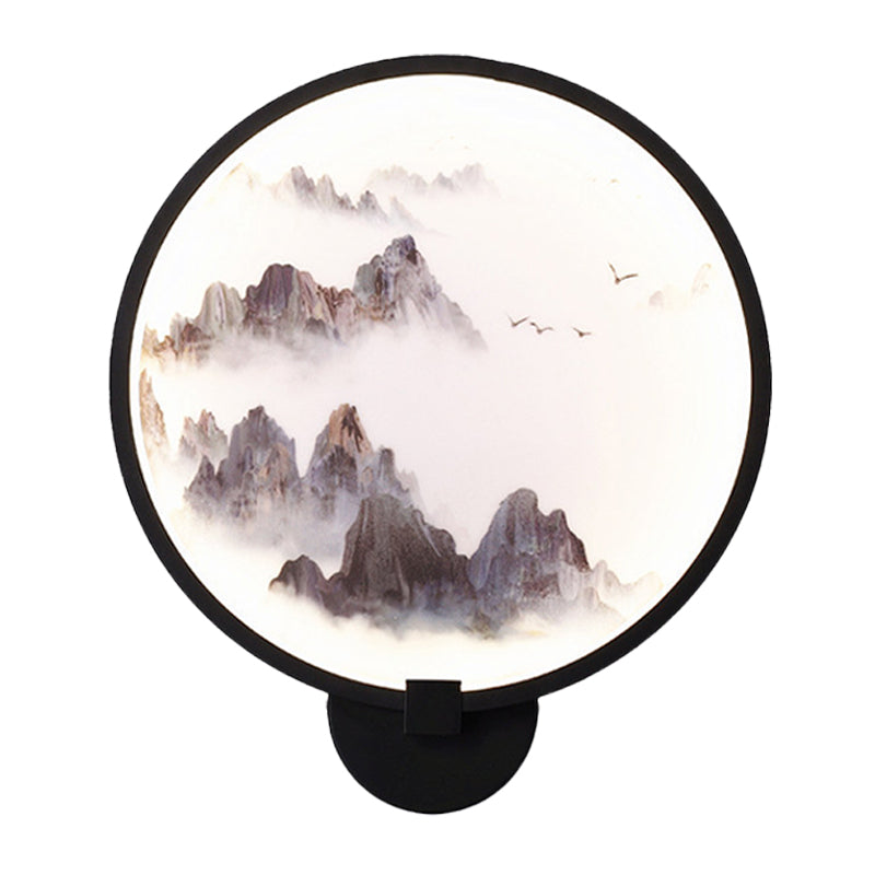 Metal Mural Led Hoop Wall Mount Lamp - Misty Mountain/Lake Design For Bedroom Decor Asia Black