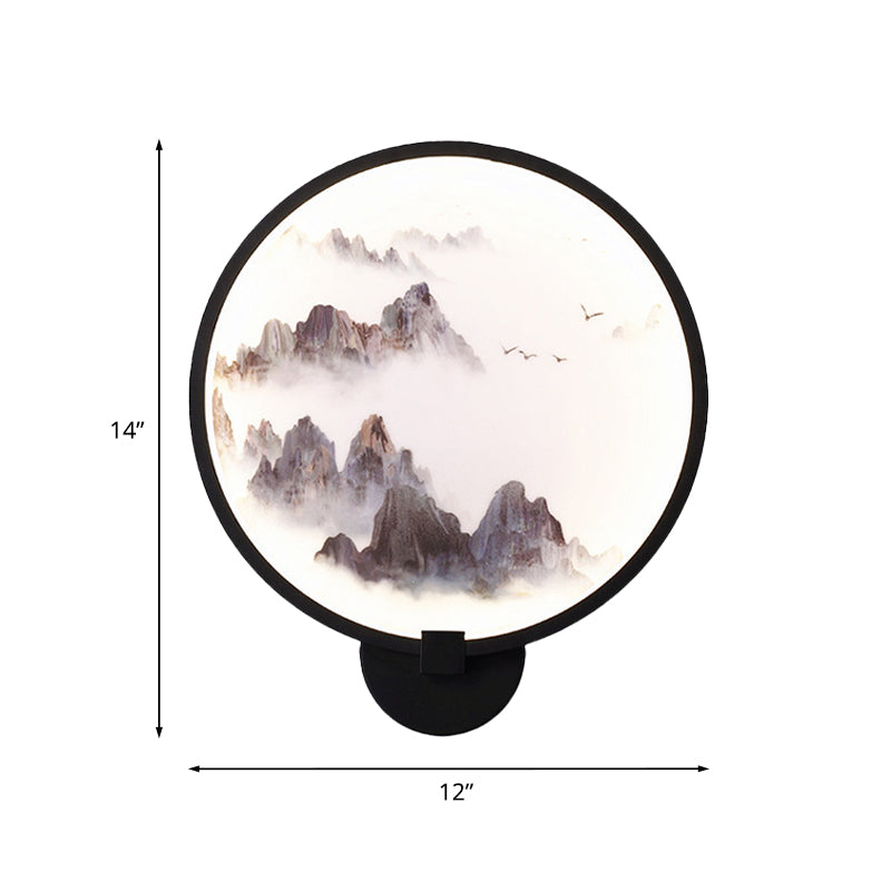 Metal Mural Led Hoop Wall Mount Lamp - Misty Mountain/Lake Design For Bedroom Decor Asia Black