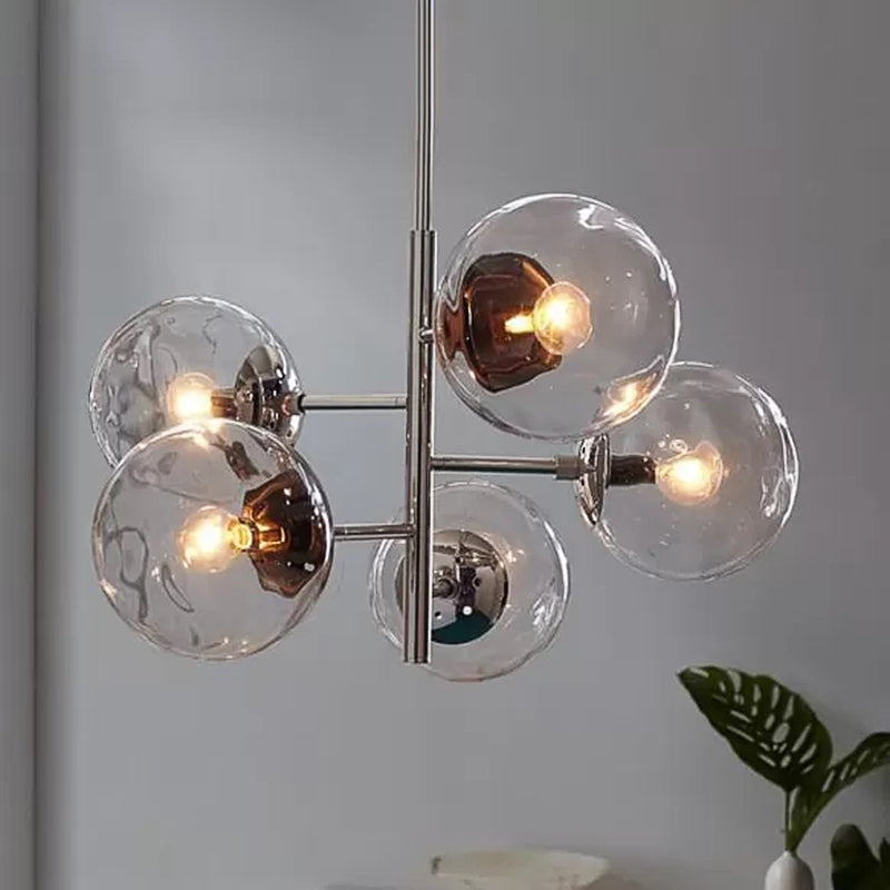 Contemporary Chrome Sphere Chandelier - 5-Light Clear Glass Pendant Fixture