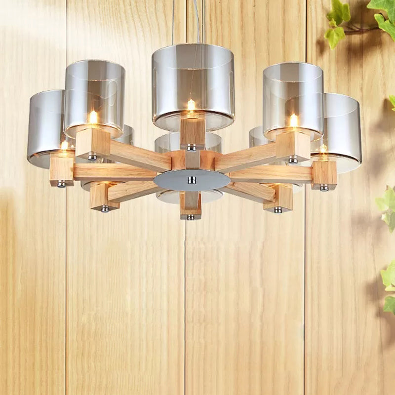 Industrial Wood Cylinder Chandelier With Radial Design - 4/6/8 Lights Amber Glass Hanging Pendant