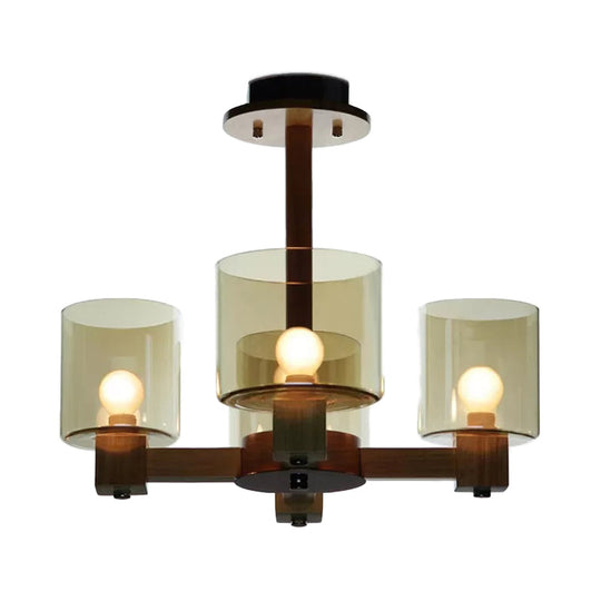 Industrial Wood Cylinder Chandelier With Radial Design - 4/6/8 Lights Amber Glass Hanging Pendant