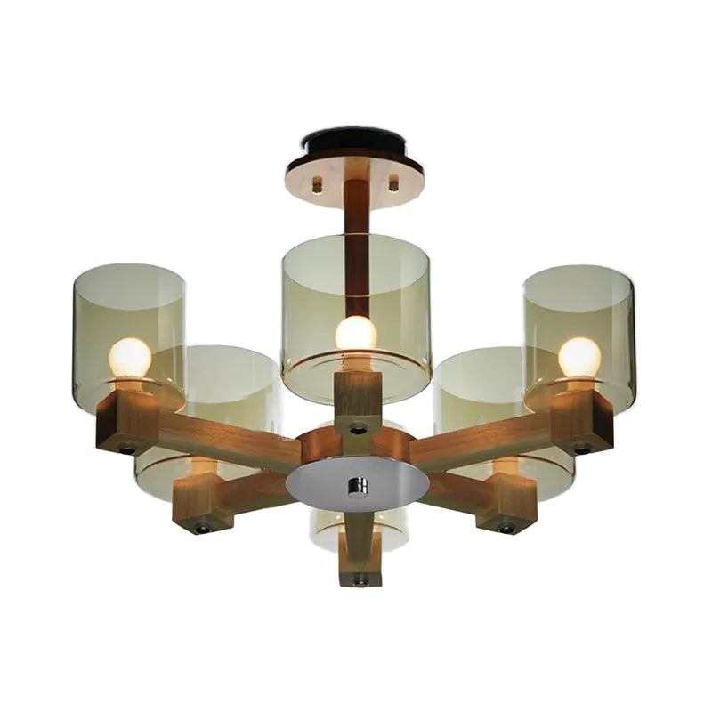 Industrial Wood Cylinder Chandelier With Radial Design - 4/6/8 Lights Amber Glass Hanging Pendant