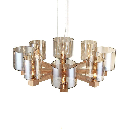 Industrial Wood Cylinder Chandelier With Radial Design - 4/6/8 Lights Amber Glass Hanging Pendant