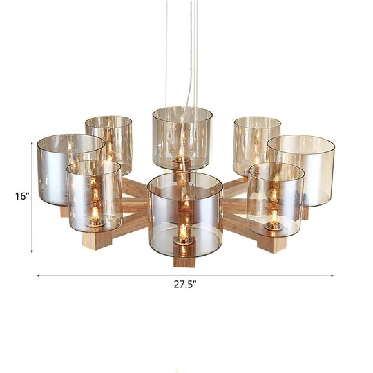 Industrial Wood Cylinder Chandelier With Radial Design - 4/6/8 Lights Amber Glass Hanging Pendant