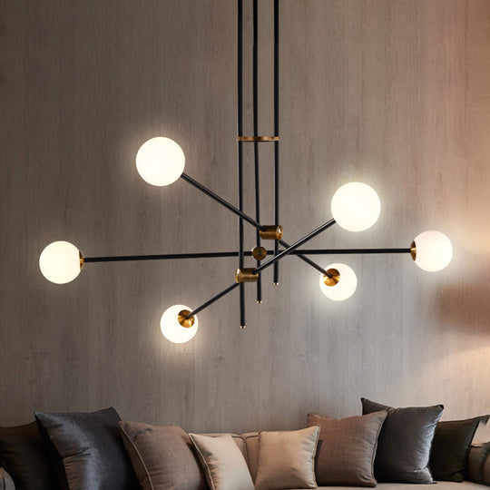 Black Modernist 2/3-Light Living Room Pendant Lighting with Opal Glass Ball Shade and Exposed Metallic Ceiling Lamp