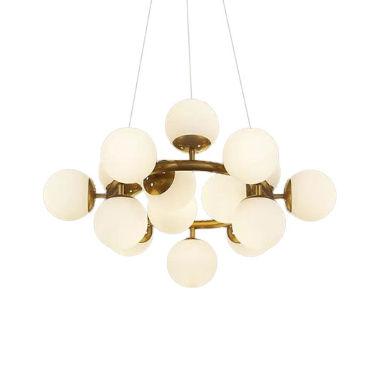 Modernist Gold Sphere Chandelier - 15-Light White Glass Pendant Light