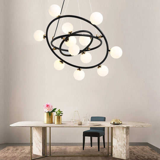 Contemporary Black Round Suspension Chandelier With Opal Glass Shade - 15 Lights