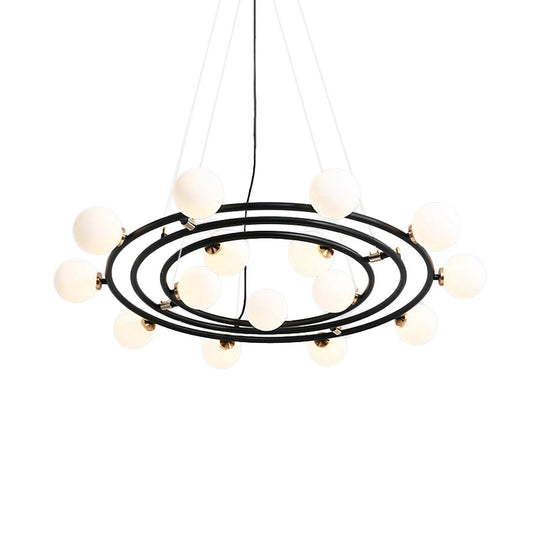 Contemporary Black Round Suspension Chandelier With Opal Glass Shade - 15 Lights