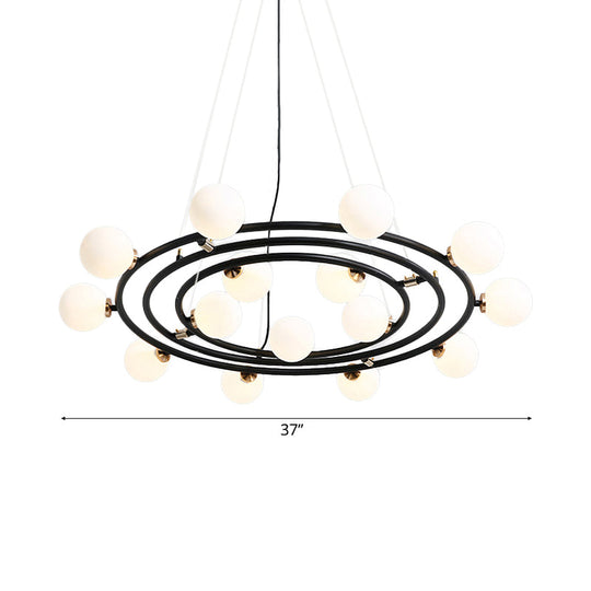 Contemporary Black Round Suspension Chandelier With Opal Glass Shade - 15 Lights