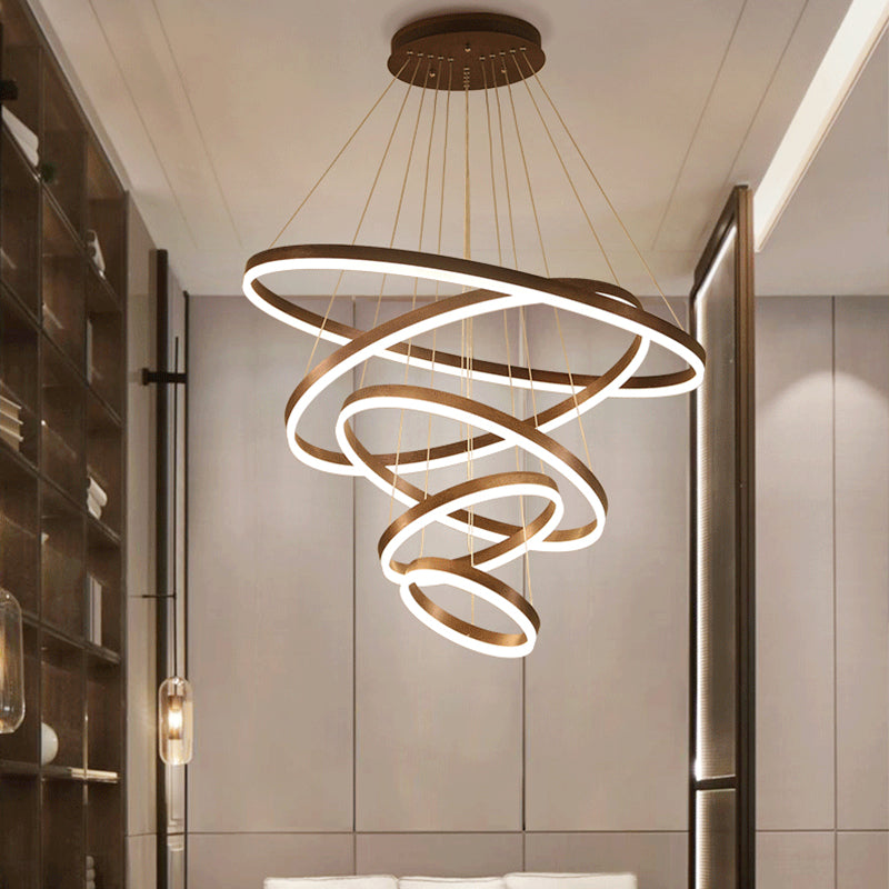 Contemporary Brown Acrylic Led Hoop Chandelier - Warm/White Light