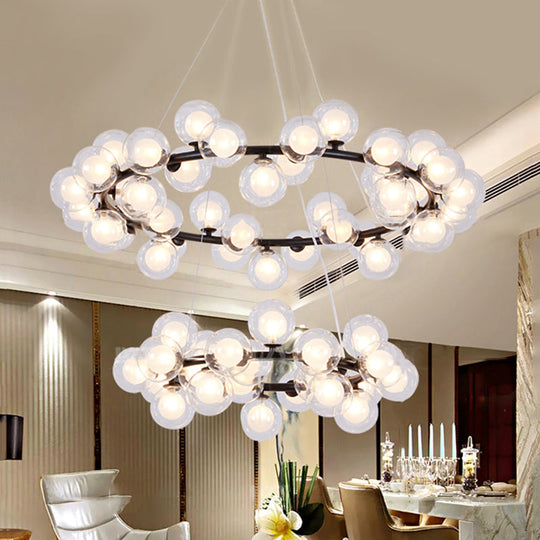 Contemporary Clear Glass Bubble Chandelier Light - Black Finish 2/3 Tiers Metal Ring Hanging Lamp