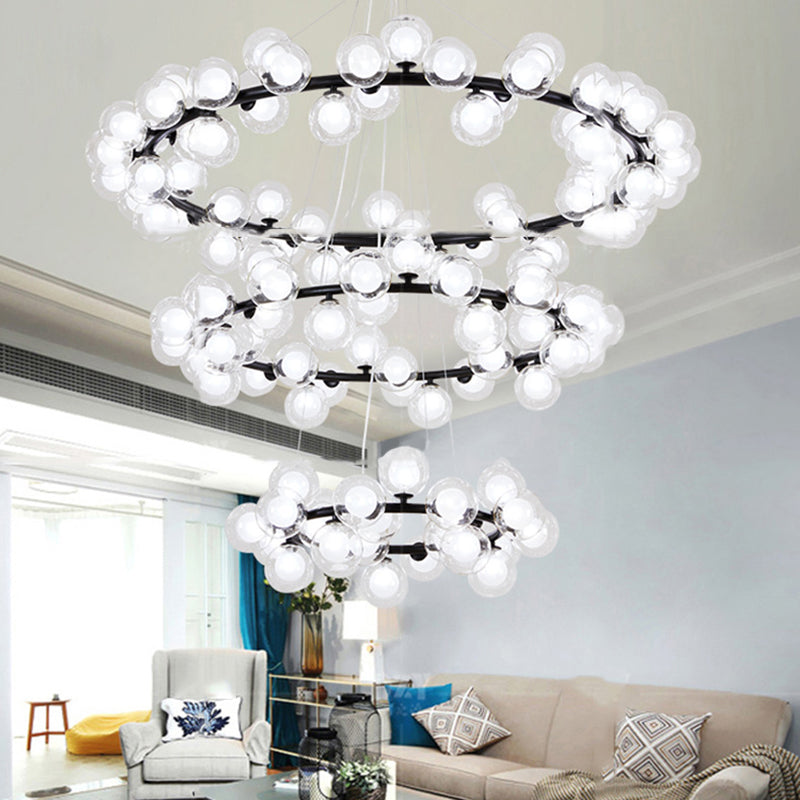 Contemporary Clear Glass Bubble Chandelier Light - Black Finish 2/3 Tiers Metal Ring Hanging Lamp