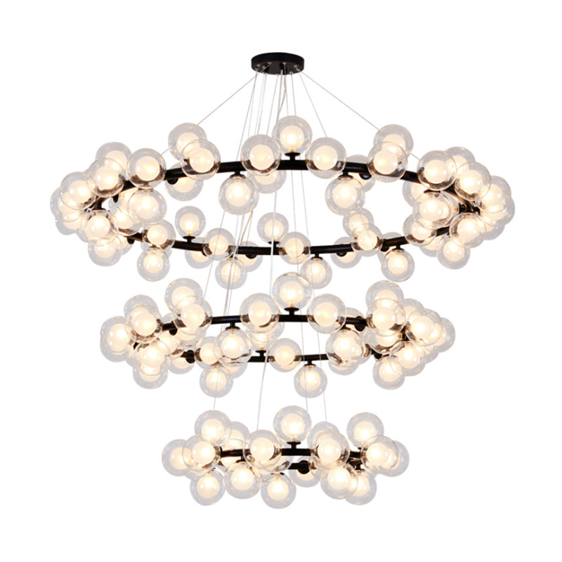 Contemporary Clear Glass Bubble Chandelier Light - Black Finish 2/3 Tiers Metal Ring Hanging Lamp