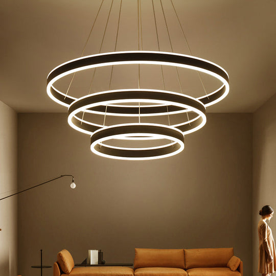 Contemporary Black/Brown Ring Pendant Chandelier With Acrylic Led Lights - 2/3/4 Options In