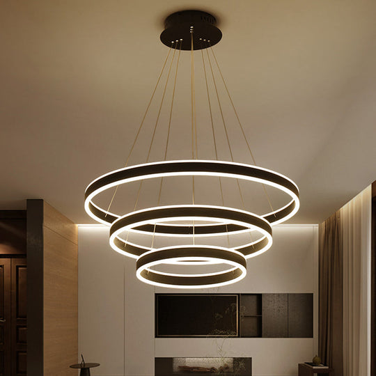 Contemporary Black/Brown Ring Pendant Chandelier With Acrylic Led Lights - 2/3/4 Options In