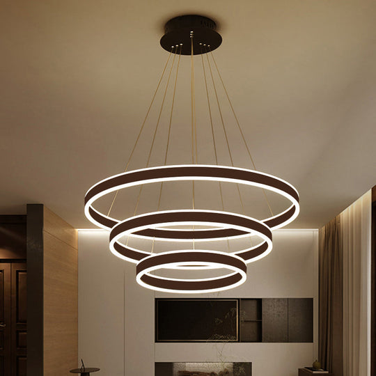 Contemporary Black/Brown Ring Pendant Chandelier With Acrylic Led Lights - 2/3/4 Options In