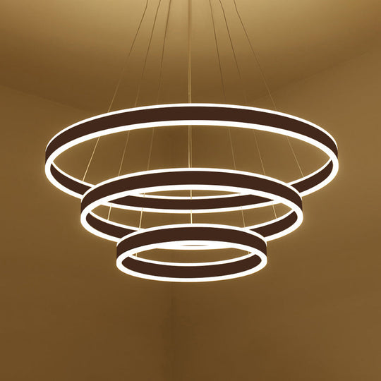 Contemporary Black/Brown Ring Pendant Chandelier With Acrylic Led Lights - 2/3/4 Options In