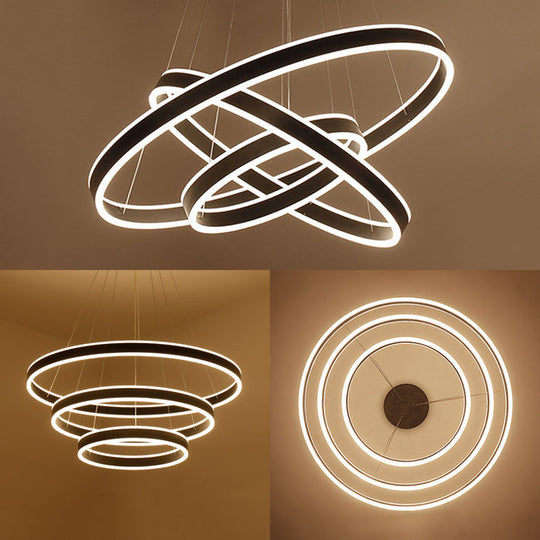 Contemporary Black/Brown Ring Pendant Chandelier With Acrylic Led Lights - 2/3/4 Options In