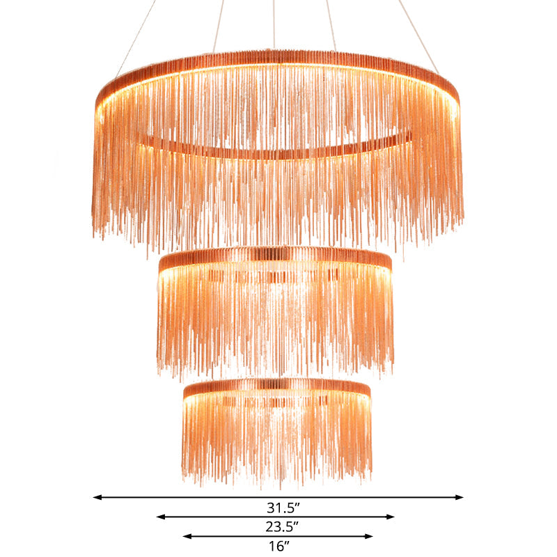 Contemporary Rose Gold Ceiling Lamp With Multi-Tiered Tassel Design - 1/2/3 Heads Chandelier Light