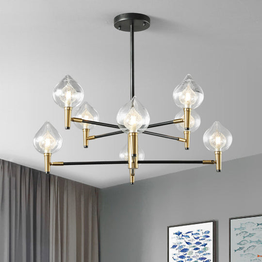 Postmodern Raindrop Chandelier: Clear and Seedy Glass Bedroom Drop Lamp with Branching Arm (6/8-Bulb), Black and Gold