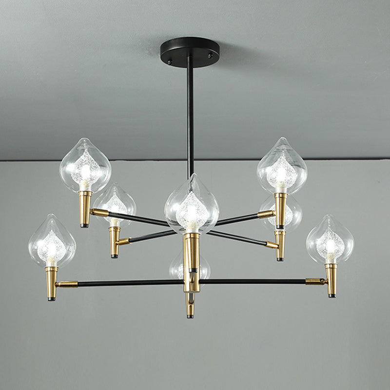 Postmodern Raindrop Chandelier: Clear and Seedy Glass Bedroom Drop Lamp with Branching Arm (6/8-Bulb), Black and Gold