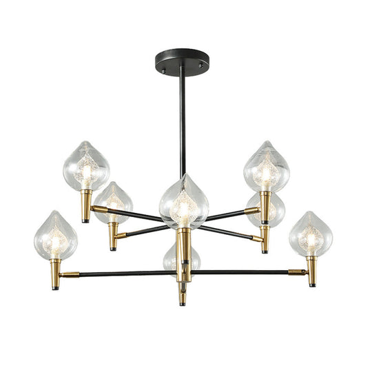 Postmodern Raindrop Chandelier: Clear and Seedy Glass Bedroom Drop Lamp with Branching Arm (6/8-Bulb), Black and Gold